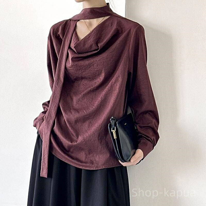 【送料無料】個性的 こなれ感 かっこいい おしゃれ 上品 シンプル きれいめ スカーフ付き ミディアム丈 プルオーバー 長袖 レディース シャツ