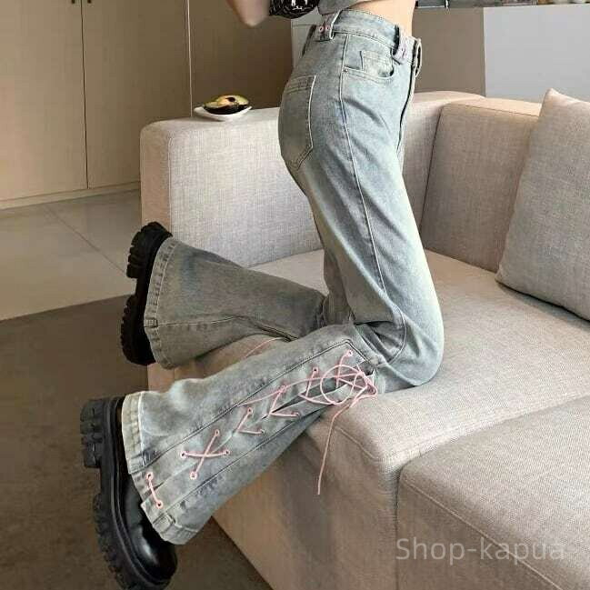【送料無料】新作 トレンド 人気 オルチャン 韓国系 ママファッション ママコーデ 大人可愛い ハイウエスト ロングデニム ピンクリボン サイドレースアップ デニムパンツ レディース(4)