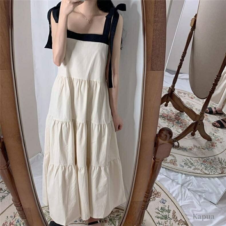 【送料無料】ロング丈 肩ひもワンピース 無地 ゆったり スクエアネック キャミワンピ Aライン ギャザー 切り替え ティアード