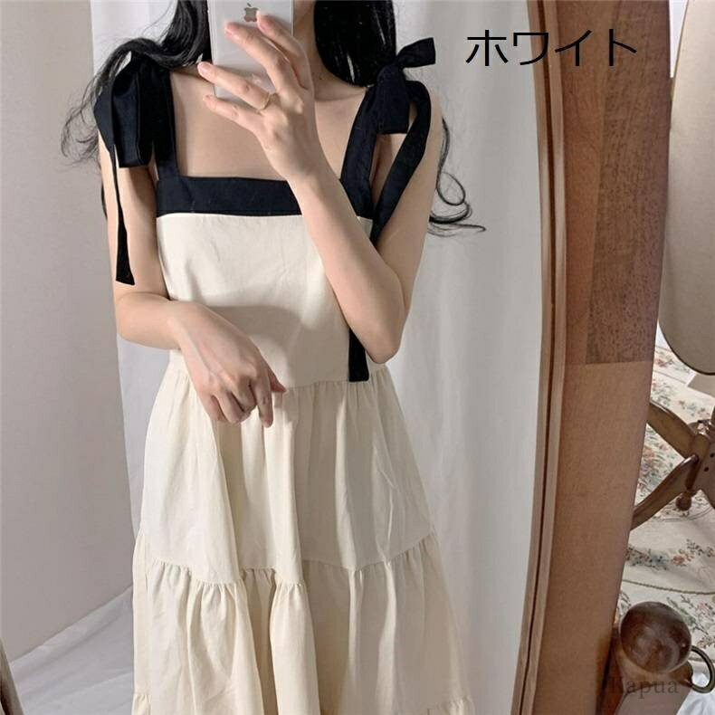 【送料無料】ロング丈 肩ひもワンピース 無地 ゆったり スクエアネック キャミワンピ Aライン ギャザー 切り替え ティアード