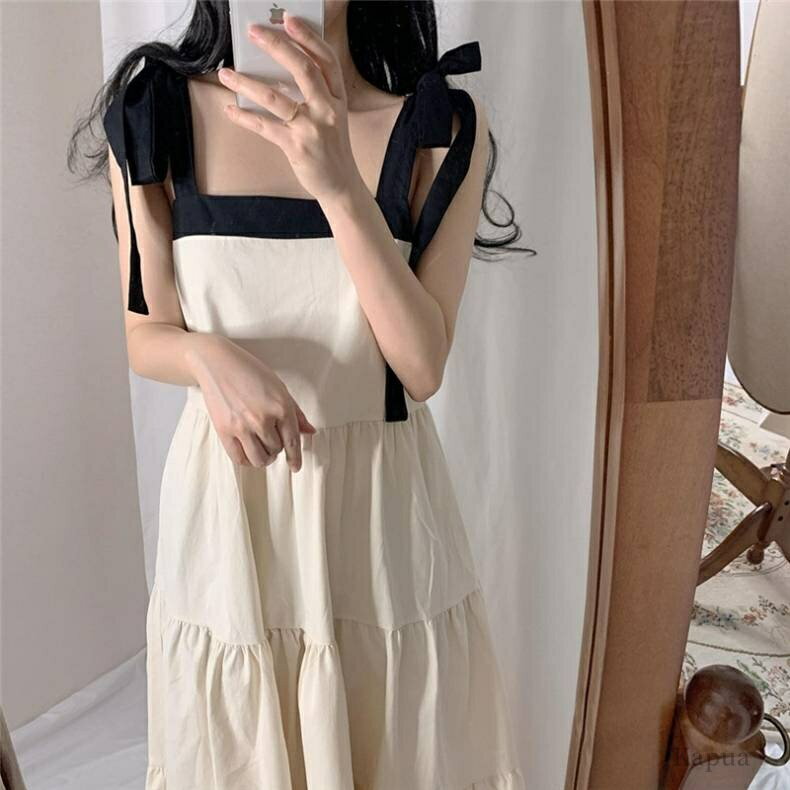 【送料無料】ロング丈 肩ひもワンピース 無地 ゆったり スクエアネック キャミワンピ Aライン ギャザー 切り替え ティアード
