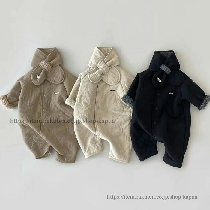 【送料無料】ロンパース 長袖 マフラー付き ベビー ベビー服 女の子 男の子 カバーオール キッズ 綿 コ..