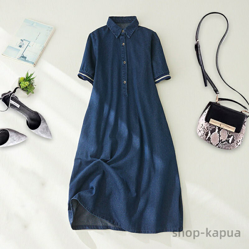 【送料無料】ロング 半袖 デニムワンピース レディース 夏 ワンピース きれいめ デニム ロングワンピース カジュアル 40代 50代 襟付き ワンピース aライン ミモレ丈 ロング