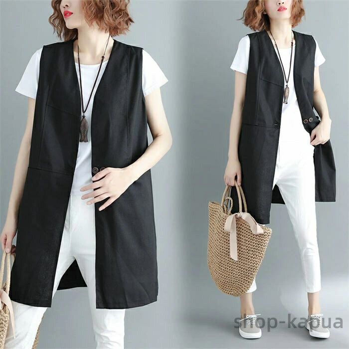 【送料無料】プス アウター ノースリーブ 綿麻 着痩せ 無地 おしゃれ 体型カバー ゆったり シンプル 20代 30代 40代 50代 ブラック コーヒー