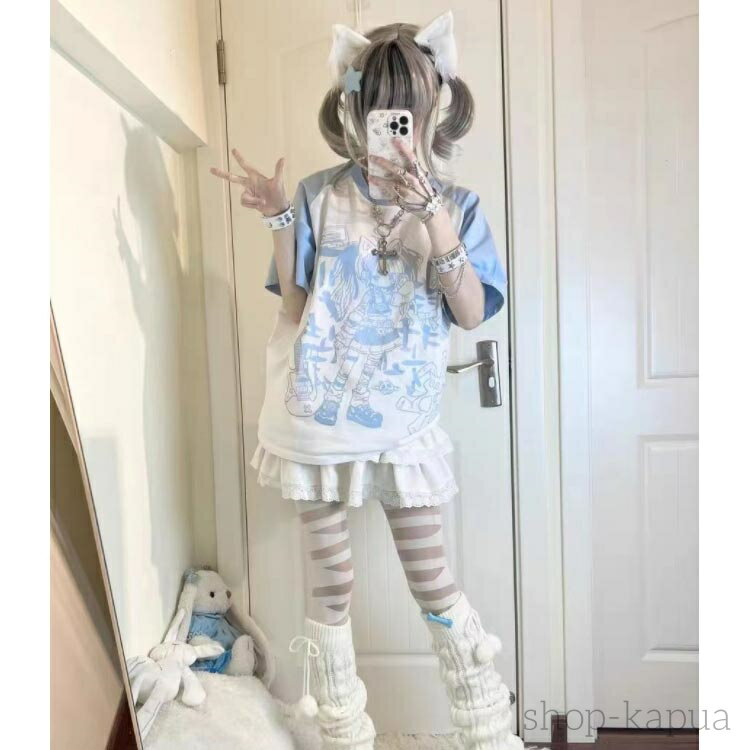 【送料無料】長袖 半袖 地雷系 トップス Tシャツ アニメ ゴスロリ 原宿系 プリント カットソー プリント レディース 量産型 病み可愛い 学院風 サブカル系 ゆったり