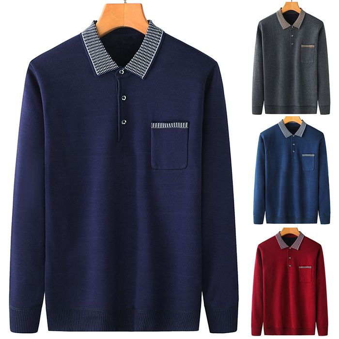 【送料無料】着心地良い カジュアル 定番 シンプル 胸ポケット 無地 ビジネス 長袖 冬 秋 春 セーター ニット POLOシャツ ポロシャツ メンズ