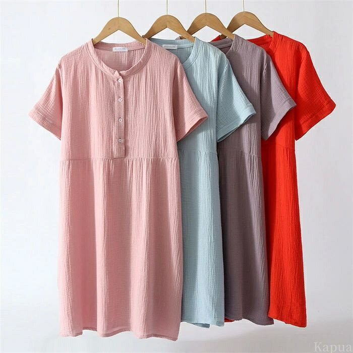 【送料無料】ミモレ丈 ガーゼ 肌に優しい ルームワンピース 部屋着 綿 半袖 ネグリジェ パジャマ ダブルガーゼ