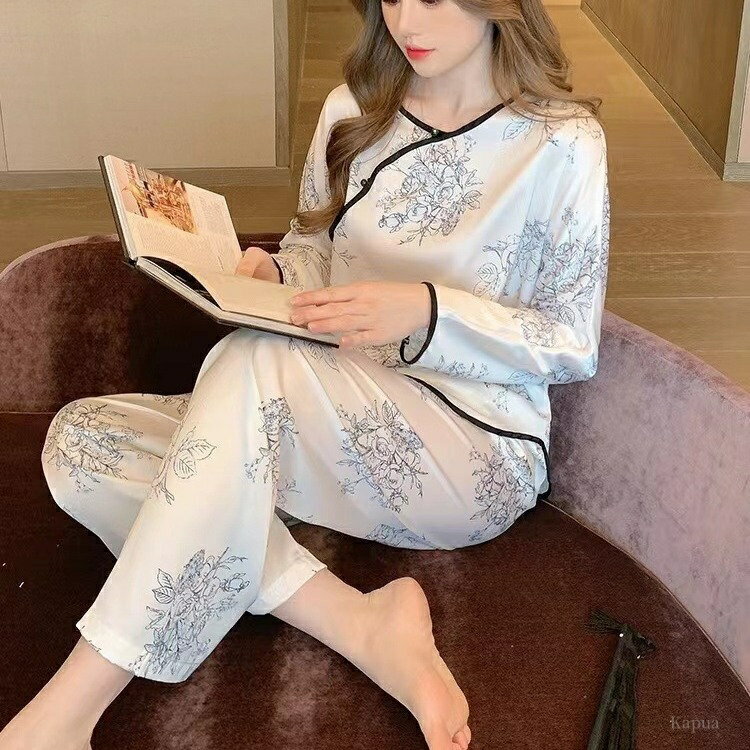 【送料無料】ロングズボン 長袖 可愛いパジャマ ルームウエア 涼しい レディース パジャマ 水墨画 シルク風 接触冷感 2点セット