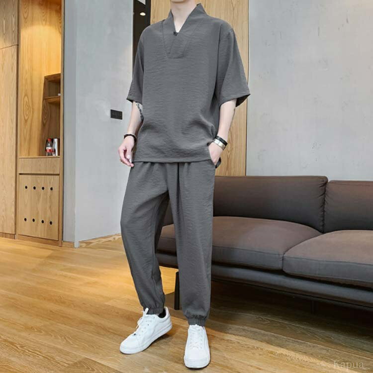 【送料無料】薄手 甚平 大きいサイズ ゆったり 七分袖Tシャツ 夏 セットアップ 綿麻 涼しい 接触冷感 リネン 2点セット