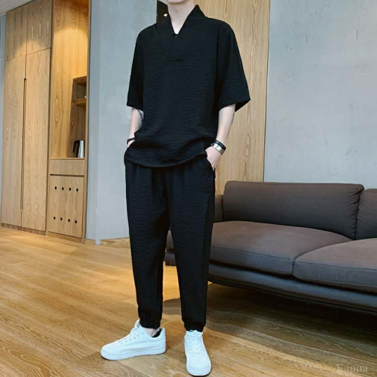 【送料無料】薄手 甚平 大きいサイズ ゆったり 七分袖Tシャツ 夏 セットアップ 綿麻 涼しい 接触冷感 リネン 2点セット