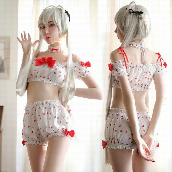 苺柄 トップとパンツセット セクシーランジェリー【8893】