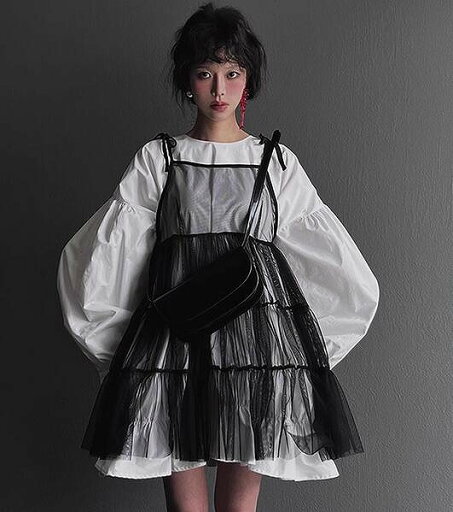 ガールズ シャツワンピース キャミソール レース メッシュ シースルー バルーン袖 韓国風 ガールズ シャツワンピース キャミソール レース メッシュ シースルー バルーン袖 韓国風