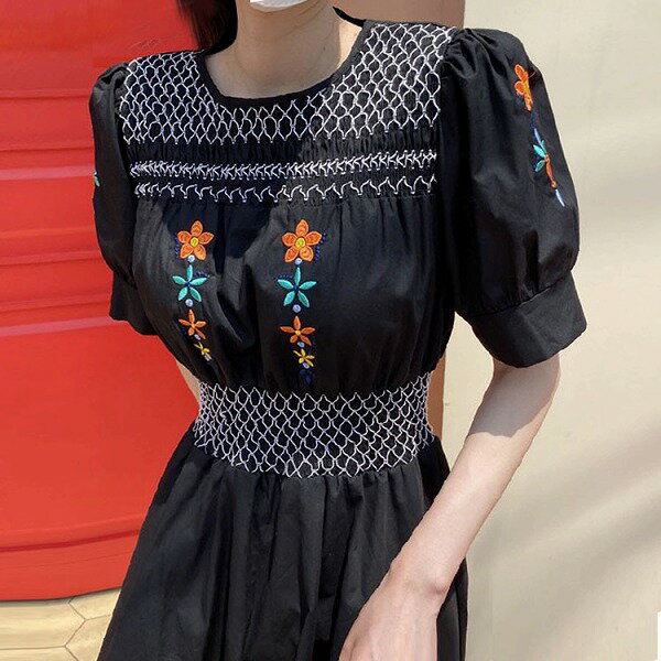 ワンピース シャツ ブラウス トップス クルーネック パフスリーブ レディース