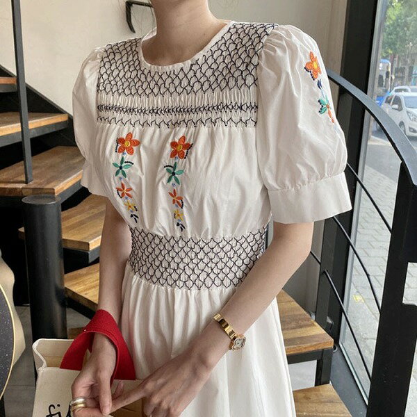 ワンピース シャツ ブラウス トップス クルーネック パフスリーブ レディース