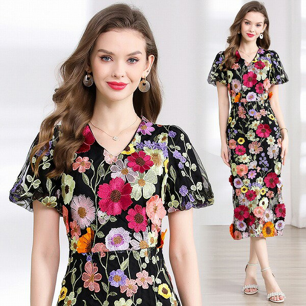 オシャレVネック刺しゅう立体フラワーボニューム袖ワンピースレディース 夏 新作