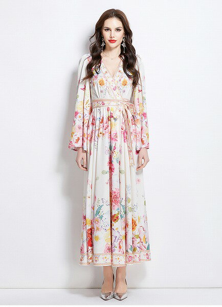 オシャレ油絵花柄ラップミディドレスワンピースレディース 夏 新作