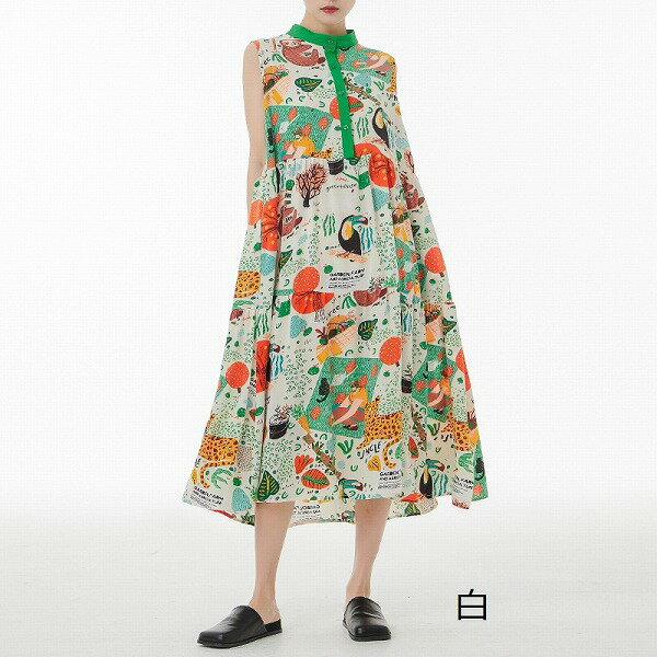 個性派オシャレノースリーブ花柄ロングワンピースレディース通学通勤
