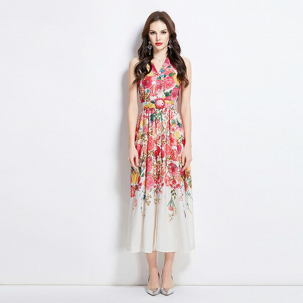 オシャレ袖なしプリント大きい裾幅ワンピース　レディース エレガント