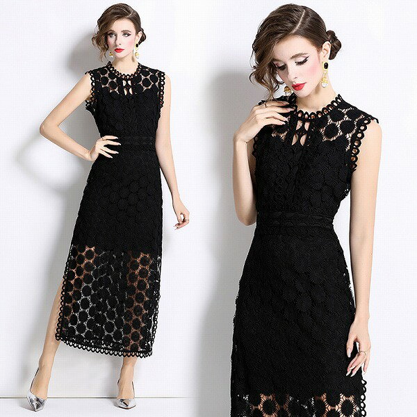 フレンチファッションディナー塩風中空ノースリーブワンピースエレガント