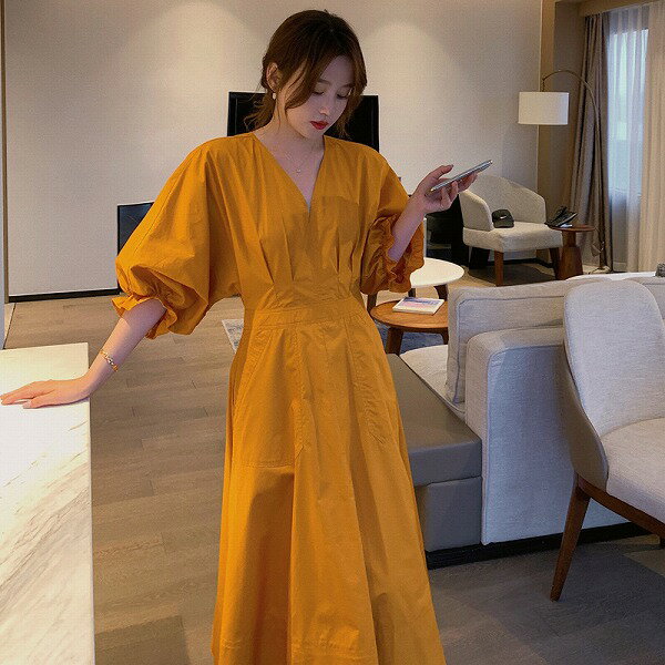 人気ファッションボニューム袖Vネックワンピース　レディース　新作