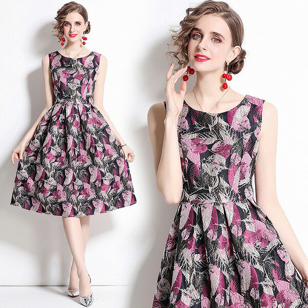 ワンピース オシャレノースリーブフラワワンピースシンプル新作