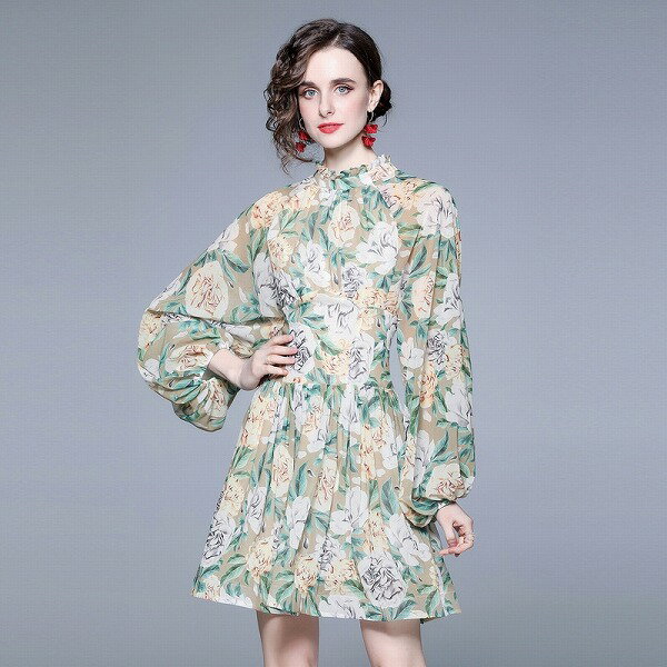 ワンピース オシャレパフスリーブ花柄パーティーオフィス 二次会 新作