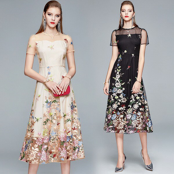 ワンピース オシャレぁユール刺繍ワンピースオフィス出勤 新作 エレガント