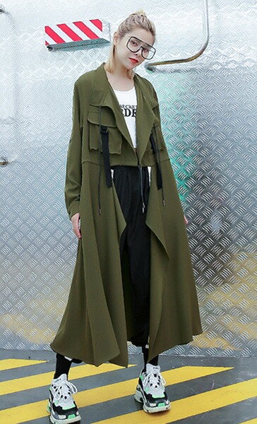ゆったり不規則ボダンなし薄手トレンチコート レディース通学通勤 個性オシャレ春新作(4)