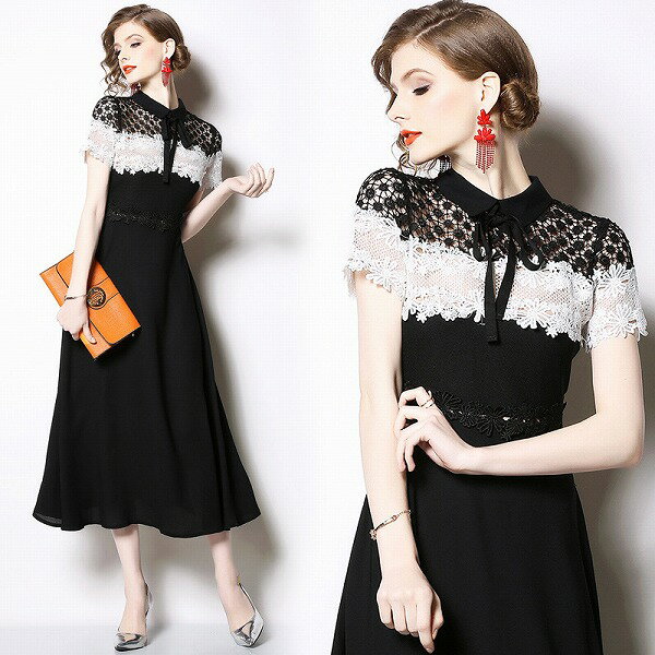 ワンピース オシャレ刺繍 切替半袖ロングレディース 夏新作 エレガント