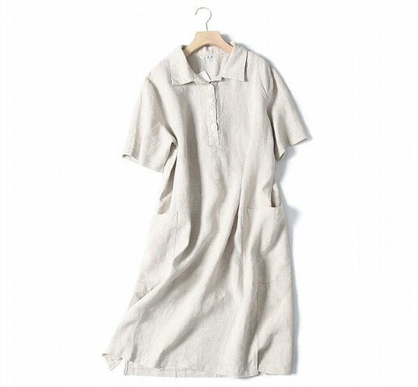 リネンドレス 綿麻 リネン ワンピース 短い袖 無地 レディース 体型カバー 春 膝丈 コットンリネン 綿