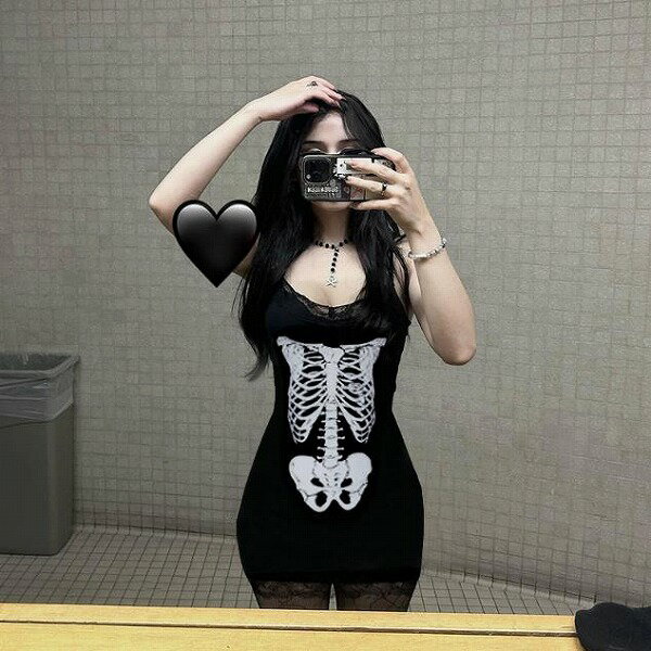ハロウィンドレス Lolitaドレス ボディコン ストラップワンピ 妖艶スカルプリント ブラック ミニドレス