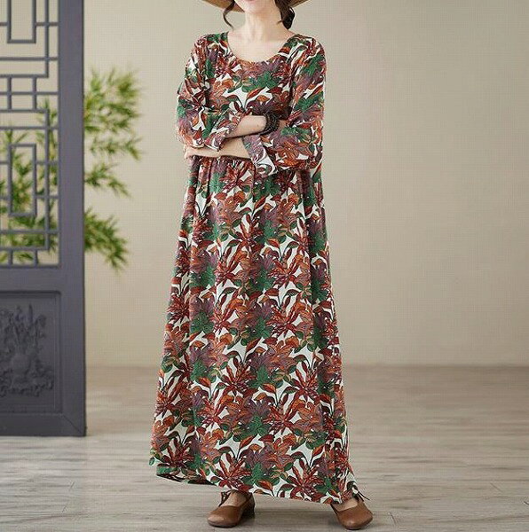大人女性 大きいサイズワンピース 春秋ワンピース プリント ゆったりシルエット 長袖 ワンピース