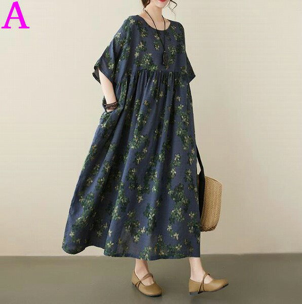 夏ワンピース ボヘミアンワンピース シンプルでおしゃれ 夏新作 大きめ丸ネック半袖 中高年ママ 夏物