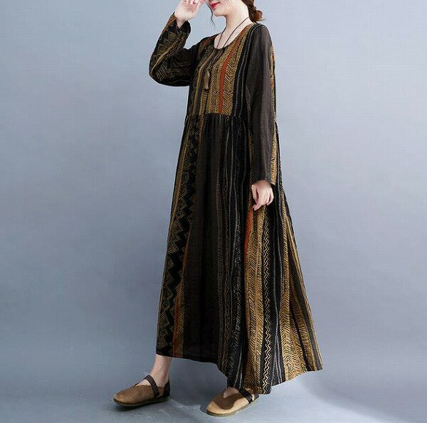 大きいサイズワンピース スリム レトロ＆エスニック風 ストライプ ワンピース ロングスリーブ ワンピース