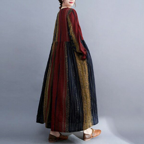 大きいサイズワンピース スリム レトロ＆エスニック風 ストライプ ワンピース ロングスリーブ ワンピース