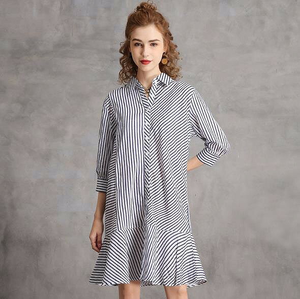 ルーズストライプシャツドレス フリル袖 ビッグサイズでゆとり丈 オーバーサイズ ストライプシャツワンピ