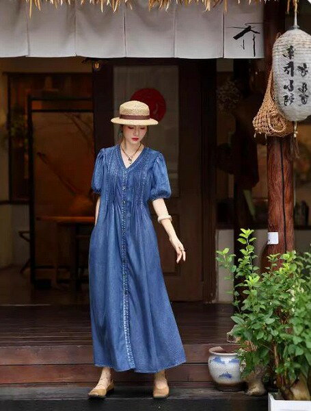 新作 ヴィンテージ風 エスニック スリム効果 ツーピース風 デニムロングワンピース 痩せ見えワンピース(4)