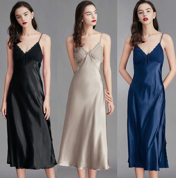 サテンパジャマ 女 夏 大きめサイズ 袖なし 涼感 ロングスリーパー バスローブ 部屋着 ホームウェア(4)