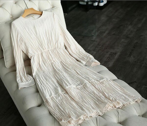 レディースワンピース ラウンドネック ラージプリーツ 長袖ドレス パーティードレス