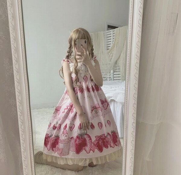 かわいい少女 レースワンピース lolitaワンピースロリータ 萌え係 ワンピース いちご 吊りスカート