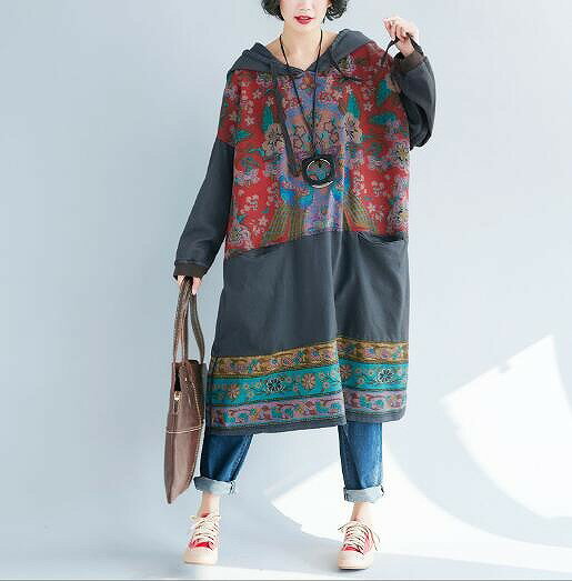 ゆったり カジュアルウェア 春夏 フード付きセーター ルーズ ラージ プリント ロングセーター