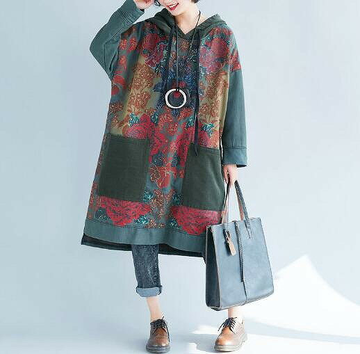 ゆったり カジュアルウェア 春夏 フード付きセーター ルーズ ラージ プリント ロングセーター