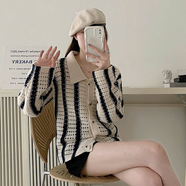 【秋冬新作】韓国風ストライプデザインニットコートおしゃれ