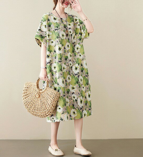 【新作】春夏半袖花柄ワンピース　ロングワンピースカジュアル(4)