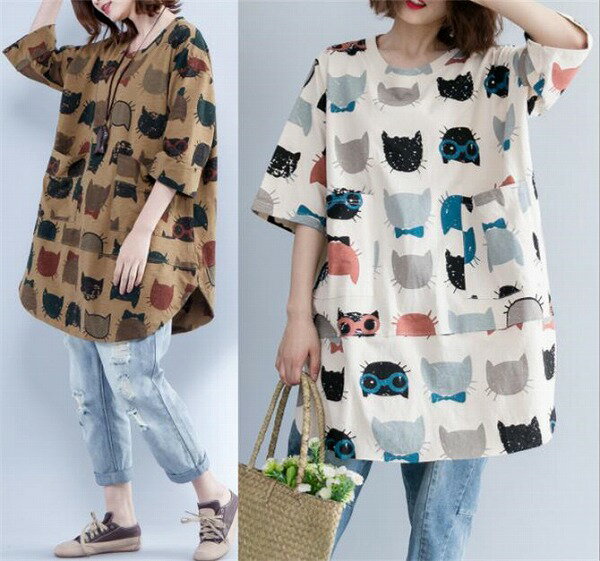 レディース 猫 モグラ柄プリント 裾配色切替 半袖 トップス ゆったり 体型カバー ファッション麻綿