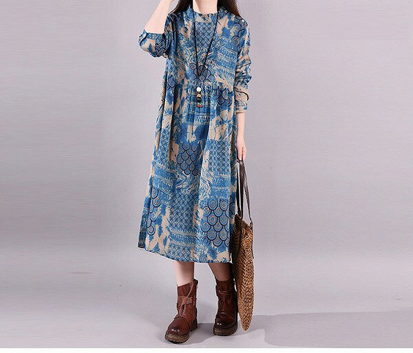 ワンピース レディース きれいめ 長袖 ミモレ丈 エスニック風 プリント 綿麻 リネンチュニック
