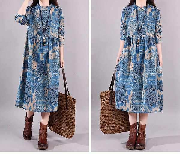 ワンピース レディース きれいめ 長袖 ミモレ丈 エスニック風 プリント 綿麻 リネンチュニック