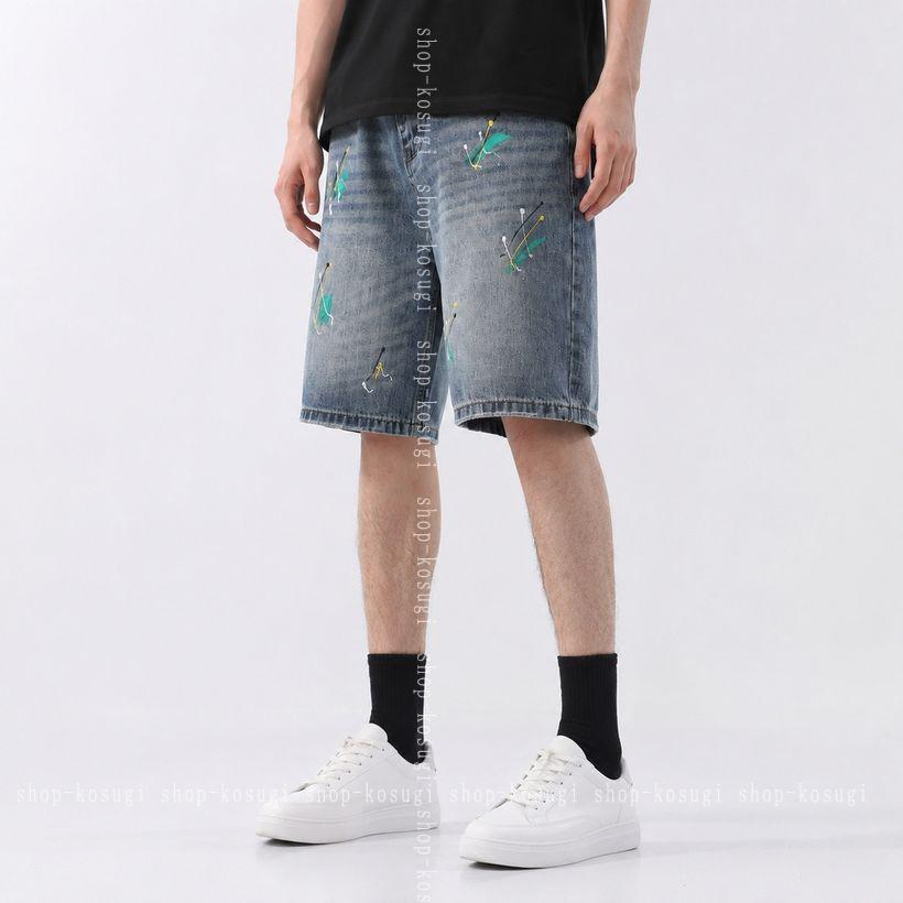 小杉拓嗣商店のデニムショートパンツ メンズ ルーズフィット 着痩せ効果 ハーフパンツ ペイント ズ ストレート カジュアル ジーパン 5分丈 夏 ボトムス アメカジ 大きいサイズ ストリート系 shop-kosugi｜アングル3
