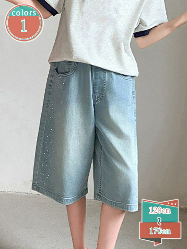 Long-Trousers, Trousers - ジーパン デニムパンツ キッズ 女の子 ハーフパンツ 五分丈 半ズボン ハイウエスト ガールズ 短パン ウエストゴム ジュニア 幼稚園 小学生 中学生 子供服 shop-kosugi