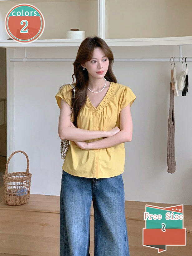 ブラウス レディース ノースリーブ フリル袖 Vネック トップス ギャザー 夏 きれいめ ボタン 綿 韓国 ファッション 大人可愛い チュニック カジュアル 夏服 春 秋 おしゃれ かわいい 卒業式 入学式 20代 30代 40代 shop-kosugi